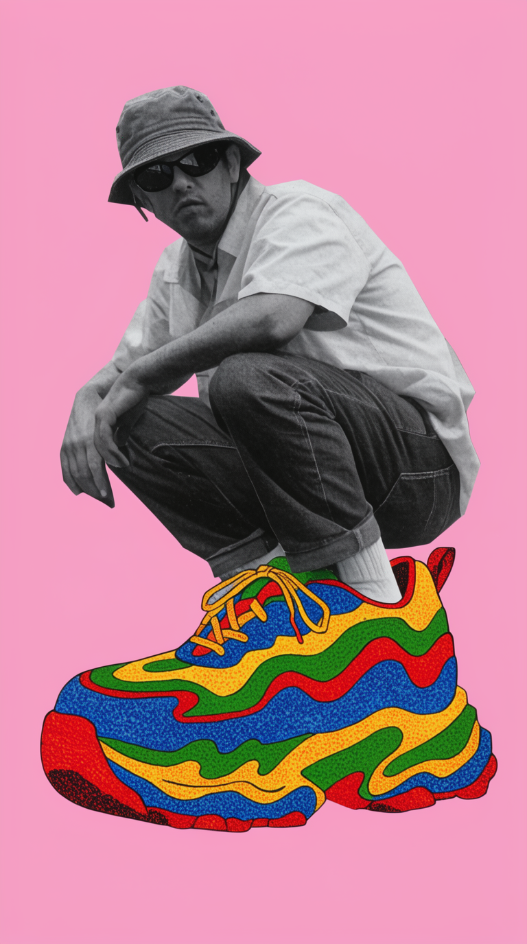 Mixed-media collage of a grayscale man perched on a giant vivid illustrated chunky sneaker.