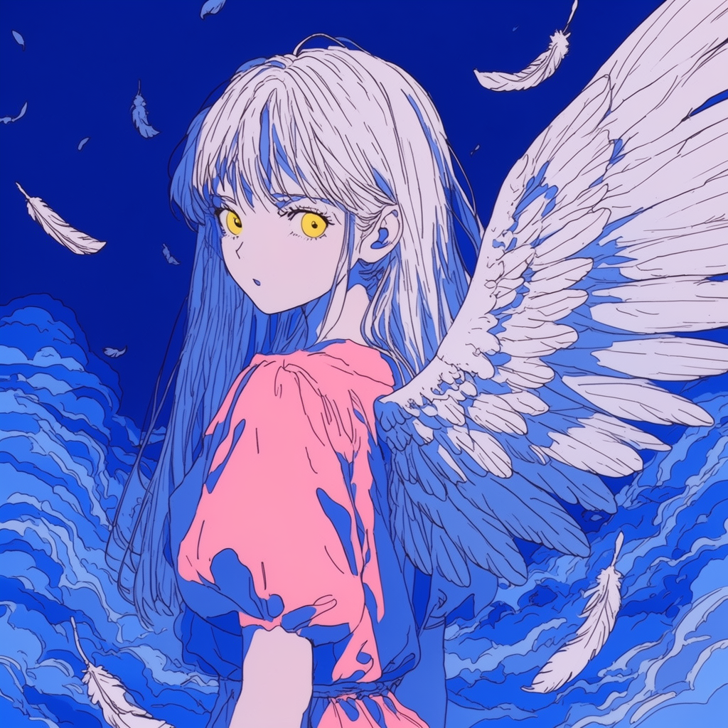 Winged anime girl looking over her shoulder with white wings, falling feathers, and a deep blue sky.