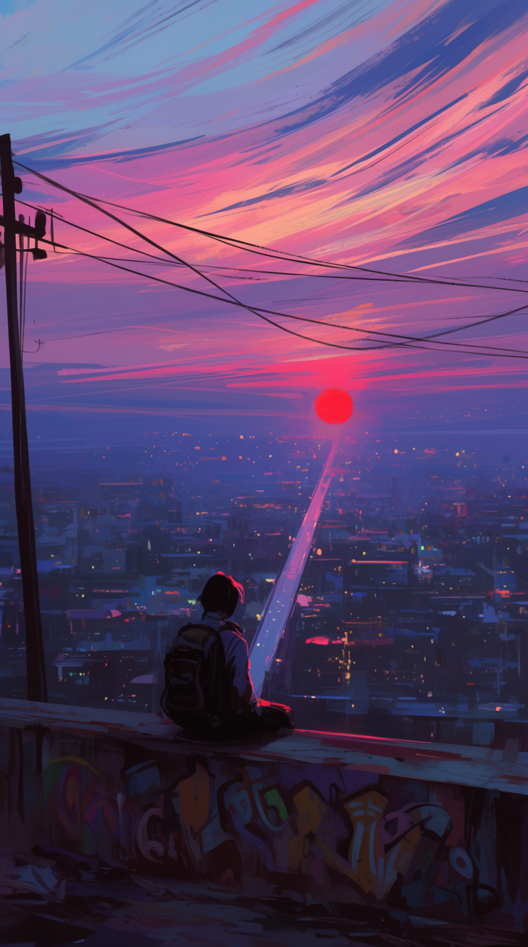 A figure with a backpack sits on a weathered ledge above a glowing cityscape at sunset.